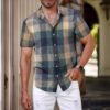 Men's Green Short Sleeve Plaid Shirt Korean Style