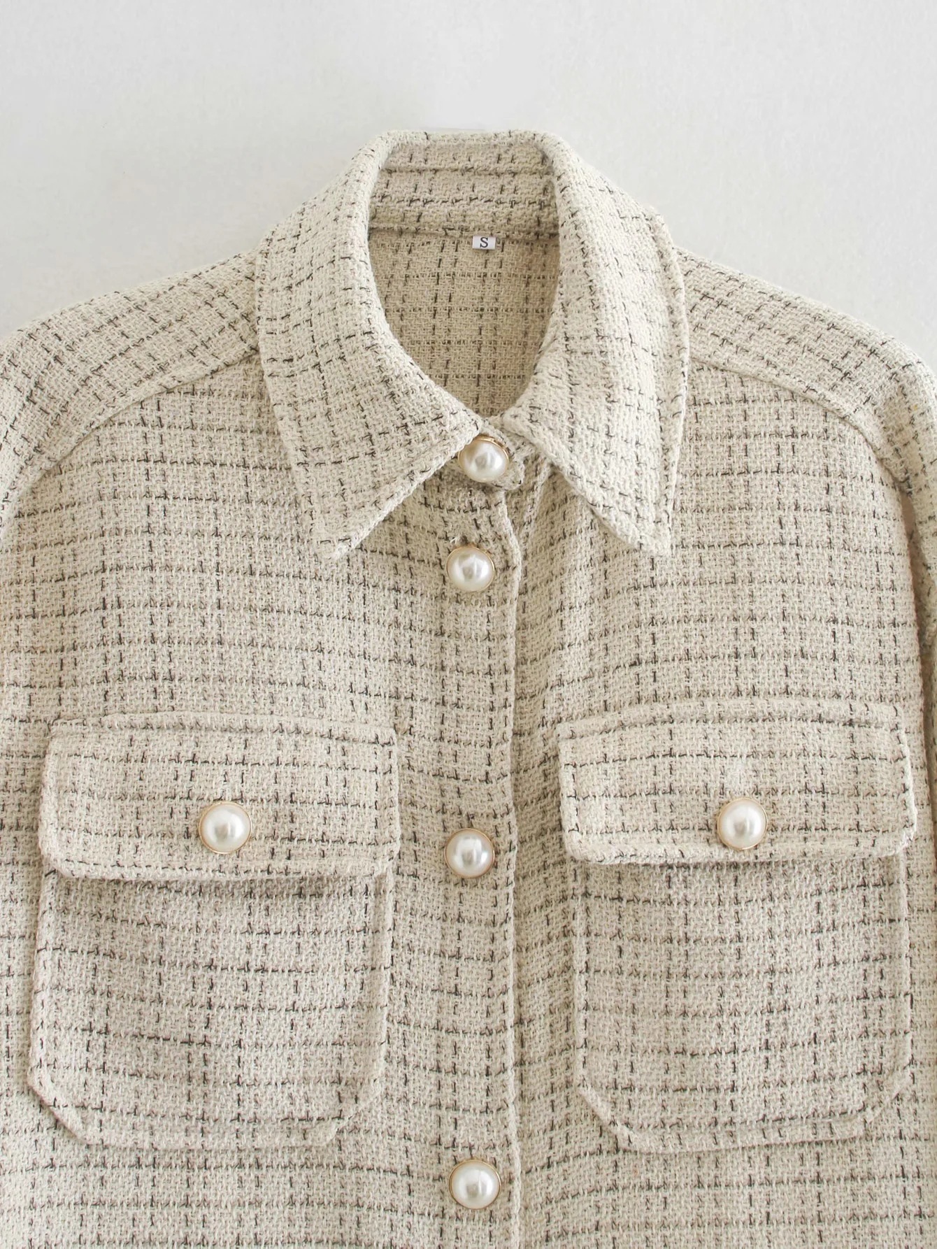 Women Plaid Thick Coat with Pearl Buttons and Pockets