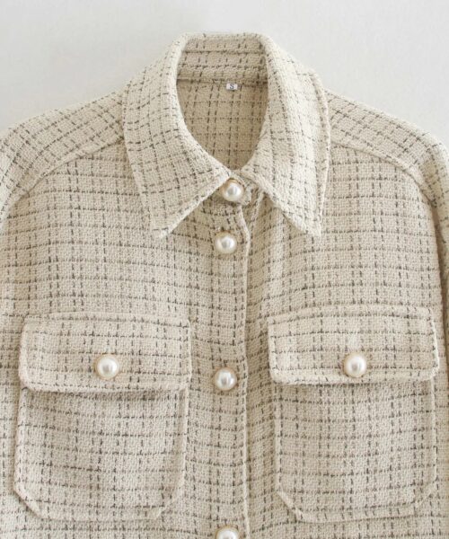 Women Plaid Thick Coat with Pearl Buttons and Pockets
