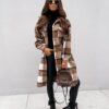 Button Lapel Casual Warm Plaid Long Woolen Coat