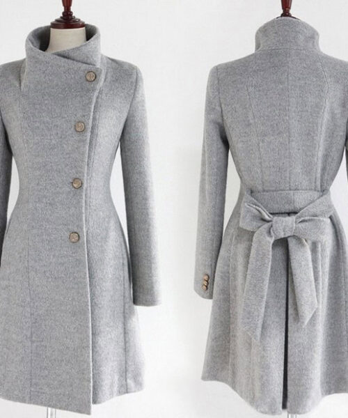 Woolen Women's Coat Mid Length Single Breasted Belted Woolen Coat