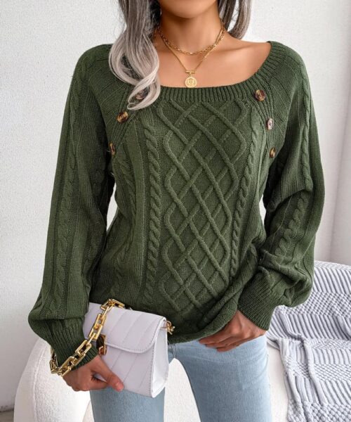 Square Neck Knitted Sweater With Button Design Winter