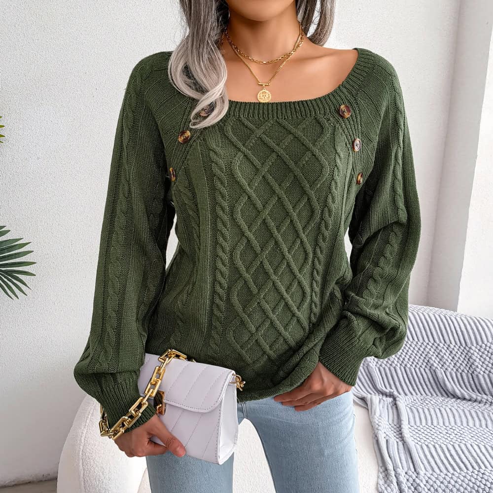 Square Neck Knitted Sweater With Button Design Winter