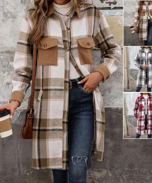 New Brushed Plaid Long Coat With Pockets Fashion Winter Jacket Outwear Women's Clothing