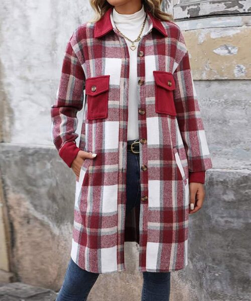 New Brushed Plaid Long Coat With Pockets Fashion Winter Jacket Outwear Women's Clothing