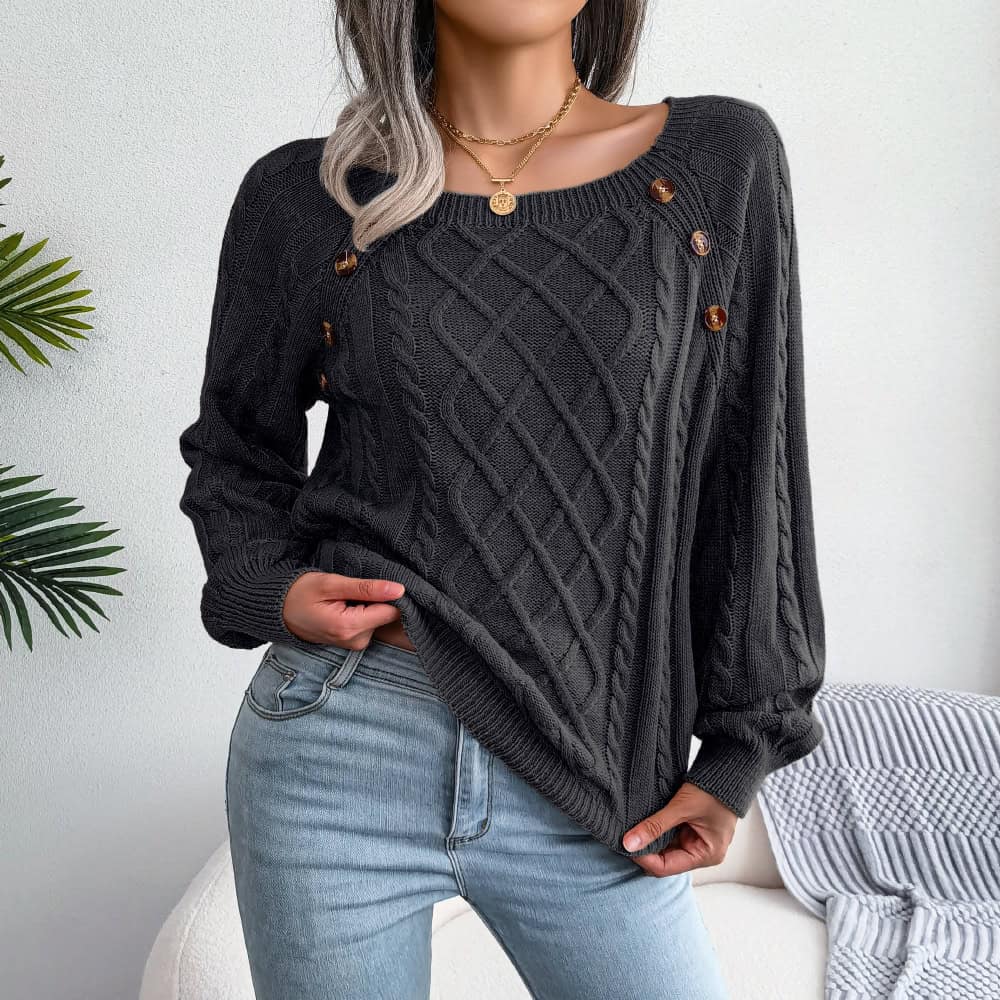 Square Neck Knitted Sweater With Button Design Winter