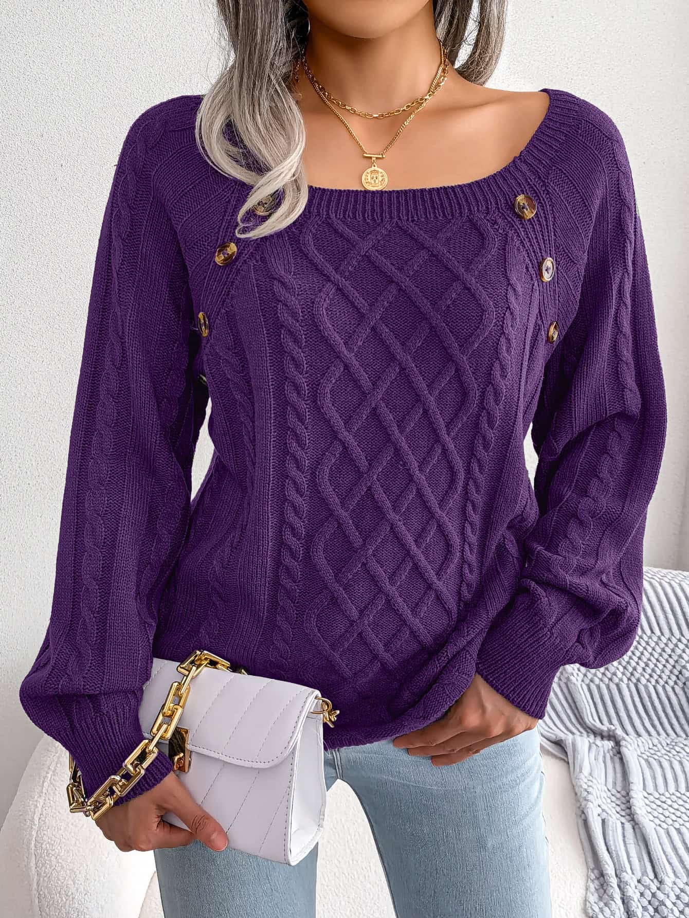 Square Neck Knitted Sweater With Button Design Winter
