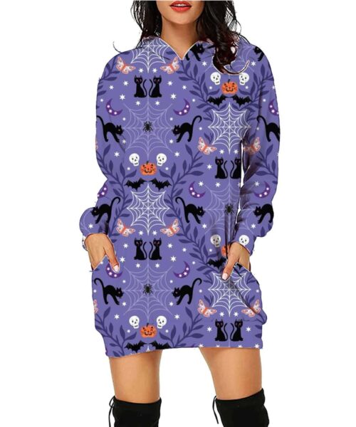 Halloween Print Long Hoodie With Pockets