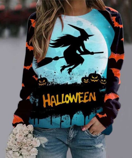 Halloween Cartoon Print Sweatshirt Long Sleeve Pullover Tops Women