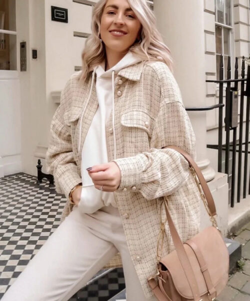 Women Plaid Thick Coat with Pearl Buttons and Pockets