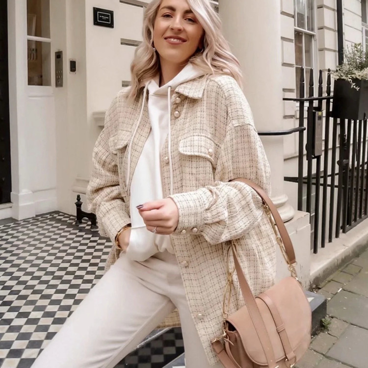 Women Plaid Thick Coat with Pearl Buttons and Pockets