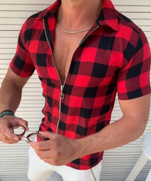 Plaid T Shirt Mens Zipper Short Sleeve