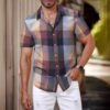 Men's Green Short Sleeve Plaid Shirt Korean Style