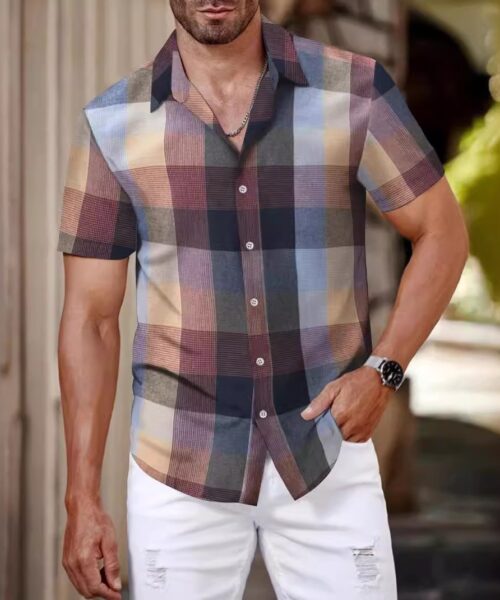 Men's Green Short Sleeve Plaid Shirt Korean Style