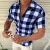 Plaid T Shirt Mens Zipper Short Sleeve