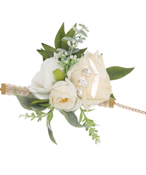 Wrist Corsage Wedding Bride White Roses Green Leaves