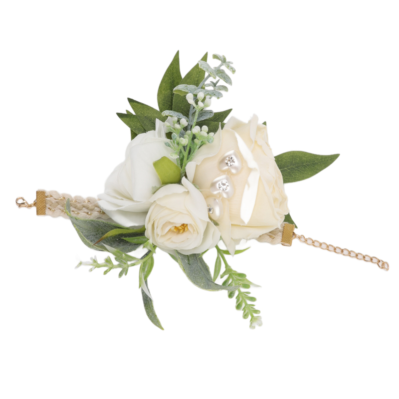 Wrist Corsage Wedding Bride White Roses Green Leaves