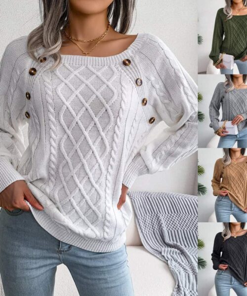 Square Neck Knitted Sweater With Button Design Winter