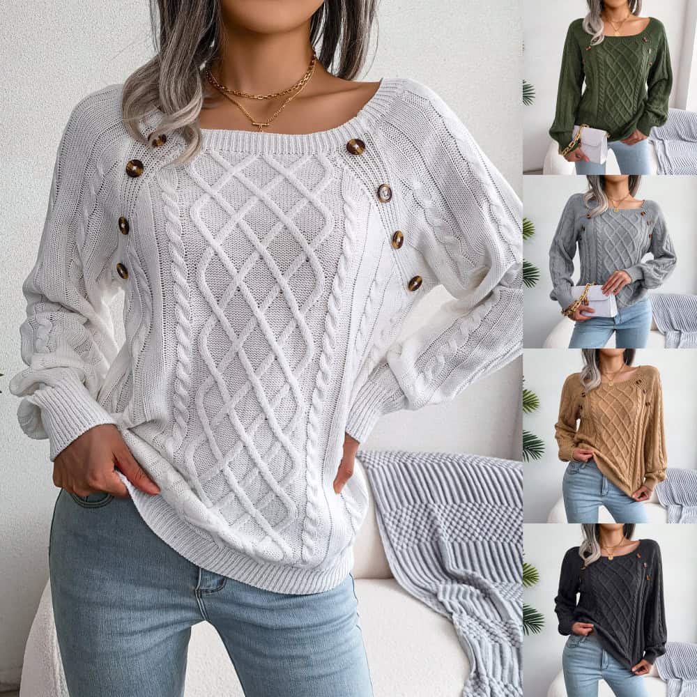 Square Neck Knitted Sweater With Button Design Winter