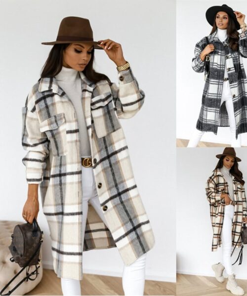 Button Lapel Casual Warm Plaid Long Woolen Coat