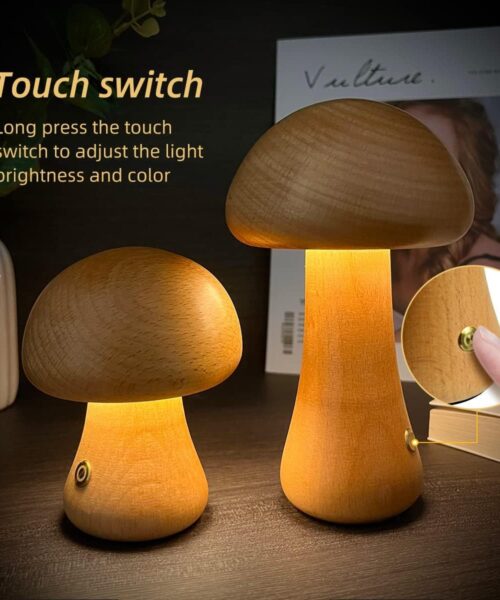 Wooden Mushroom LED Night Light with Touch Switch for Kids
