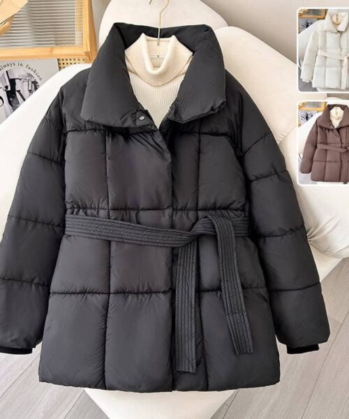 Warm Lapel Plaid Coat With Belt Design Fashion Casual