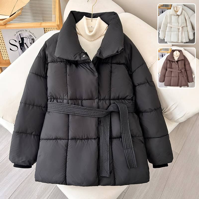 Warm Lapel Plaid Coat With Belt Design Fashion Casual