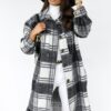 Button Lapel Casual Warm Plaid Long Woolen Coat