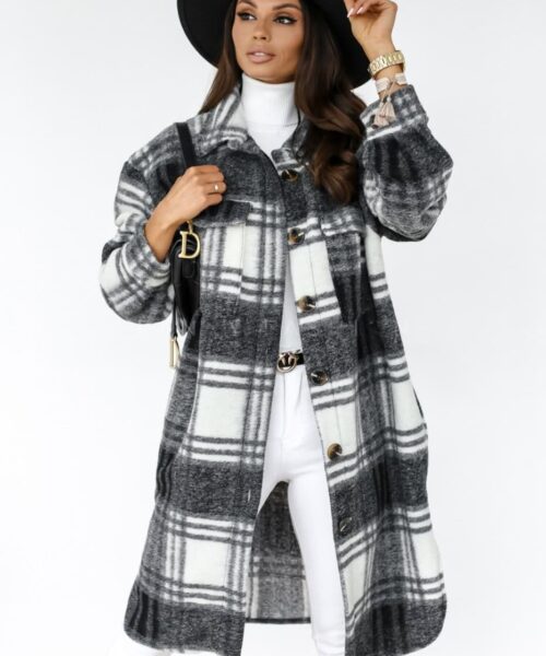 Button Lapel Casual Warm Plaid Long Woolen Coat