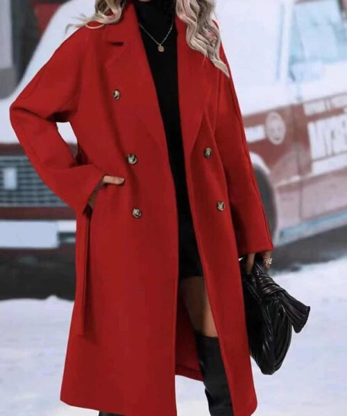 Lapel Double-breasted Trench Coat With Belt Winter Fashion Solid Color Long Jacket Outwear Women Clothing