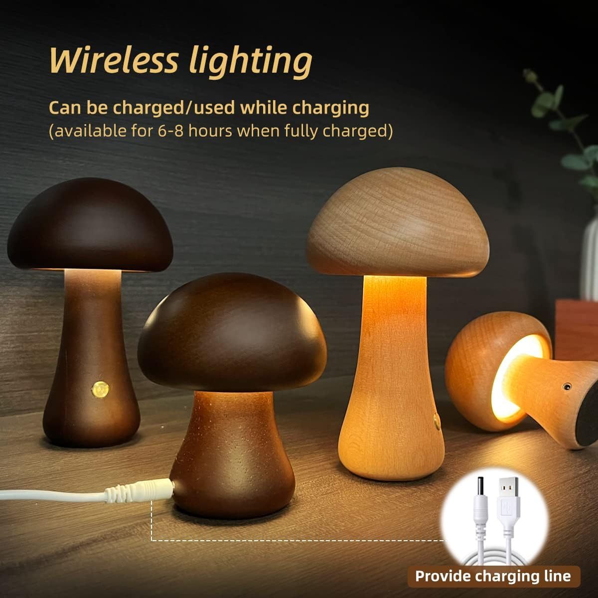 Wooden Mushroom LED Night Light with Touch Switch for Kids