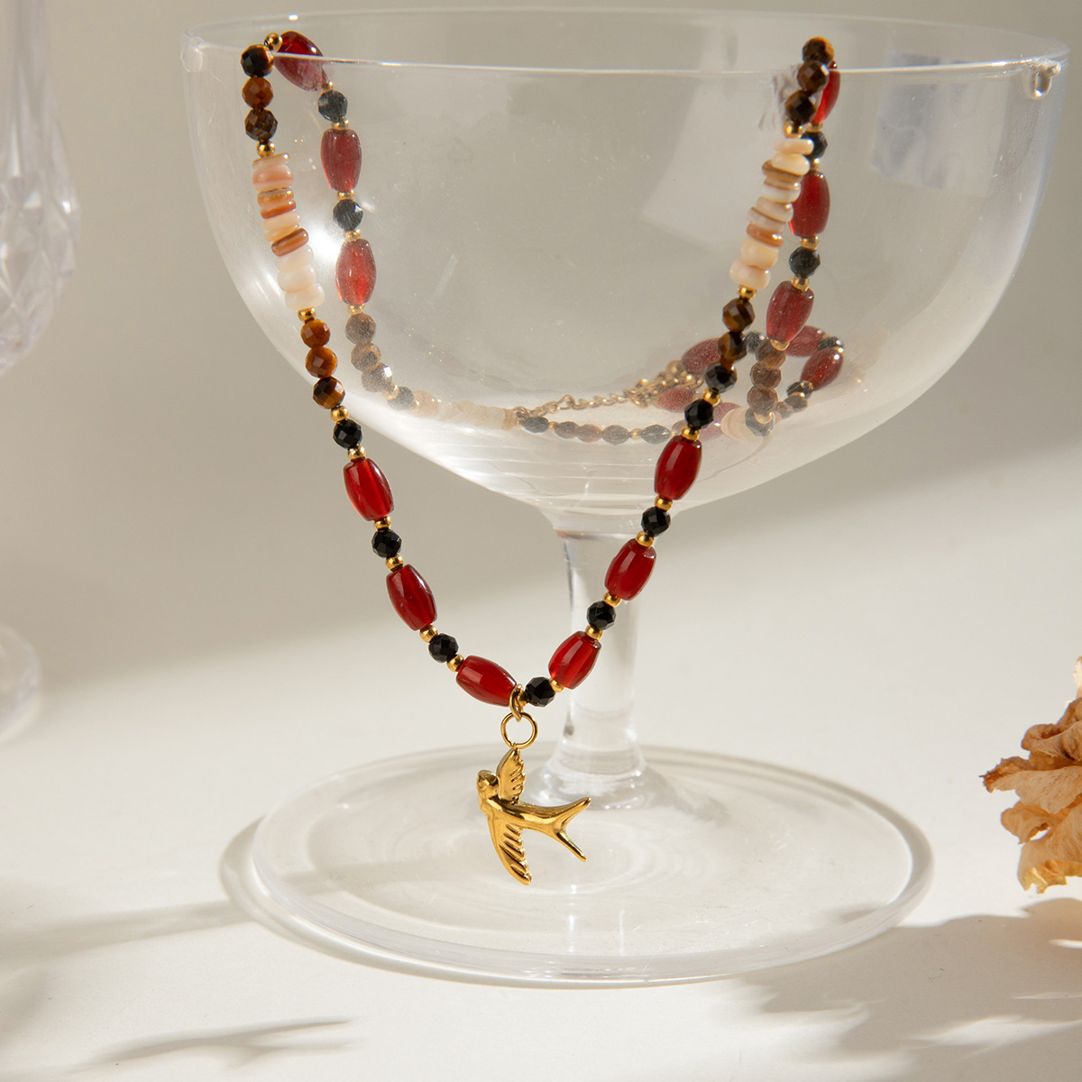 Stainless Steel Pearl Swallow Bird Pendant Necklace