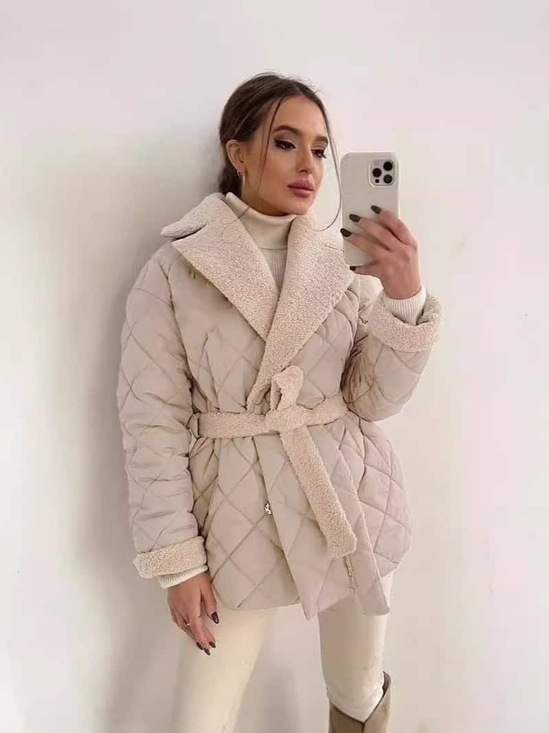 Winter Lapel Plaid Coat Fashion All-match Waist-tied Design Coat
