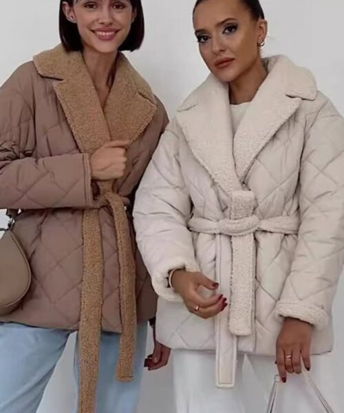 Winter Lapel Plaid Coat Fashion All-match Waist-tied Design Coat