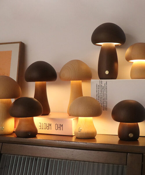 Wooden Mushroom LED Night Light with Touch Switch for Kids