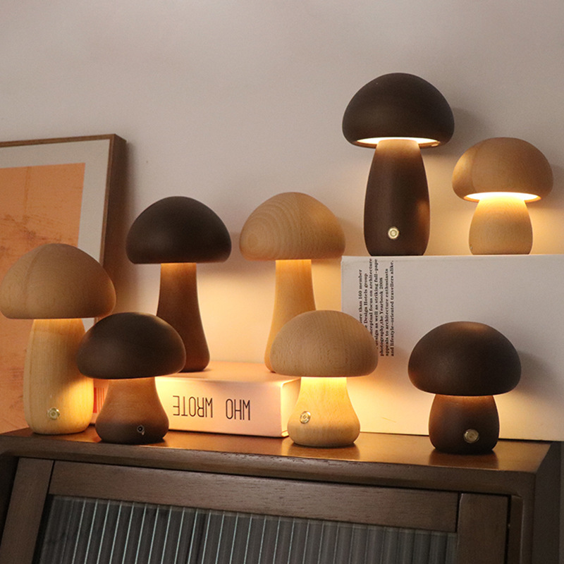 Wooden Mushroom LED Night Light with Touch Switch for Kids