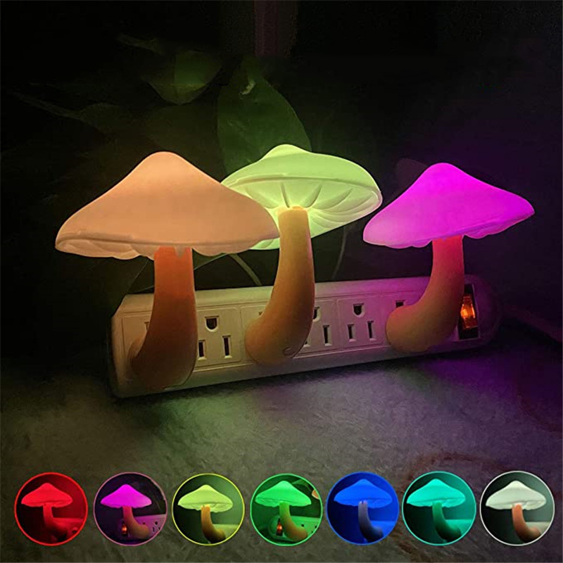 LED Mushroom Night Light Wall Socket Lamp EU US Plug