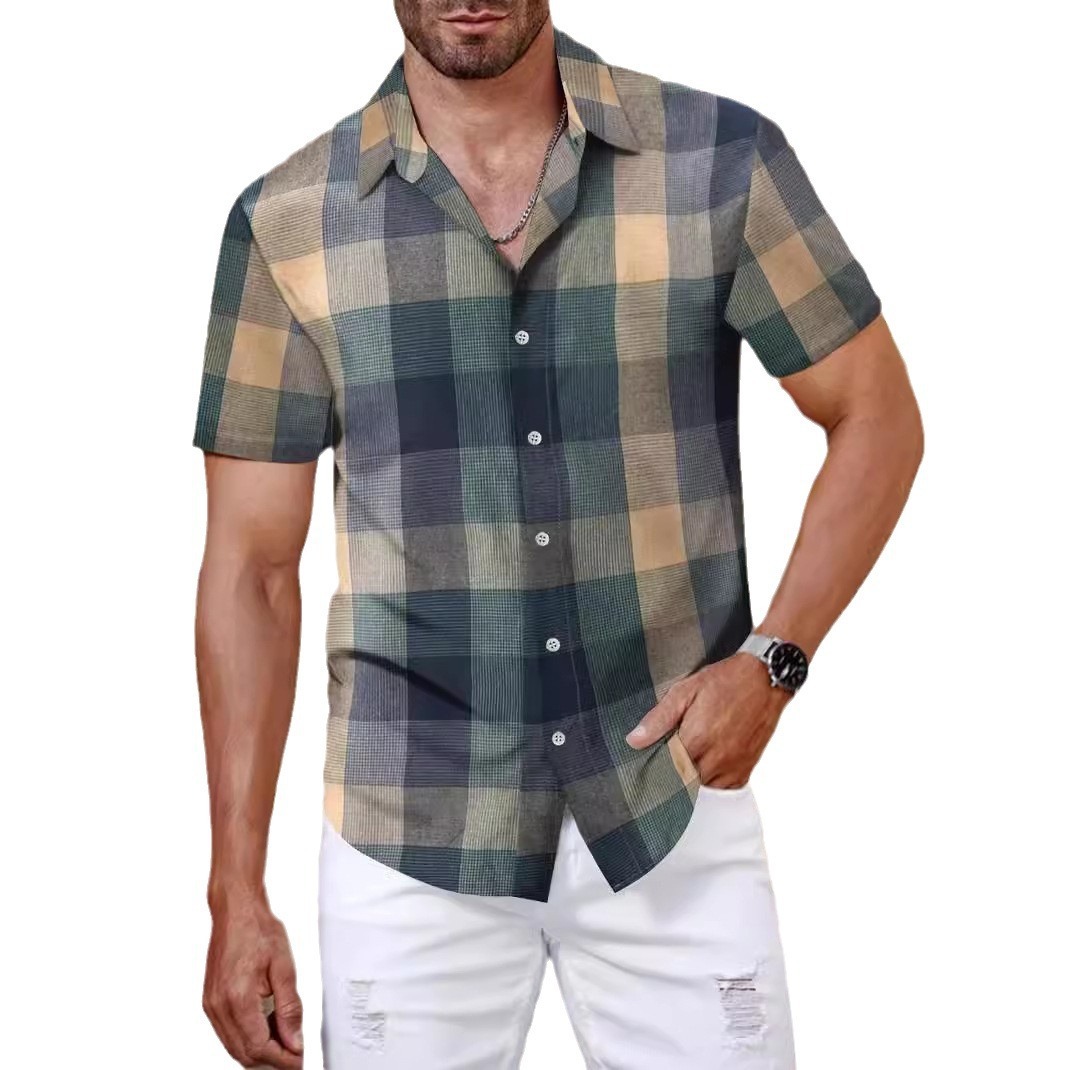 Men's Green Short Sleeve Plaid Shirt Korean Style