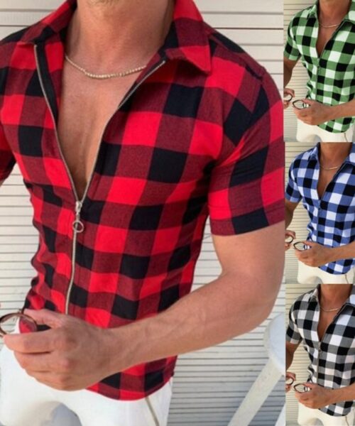 Plaid T Shirt Mens Zipper Short Sleeve
