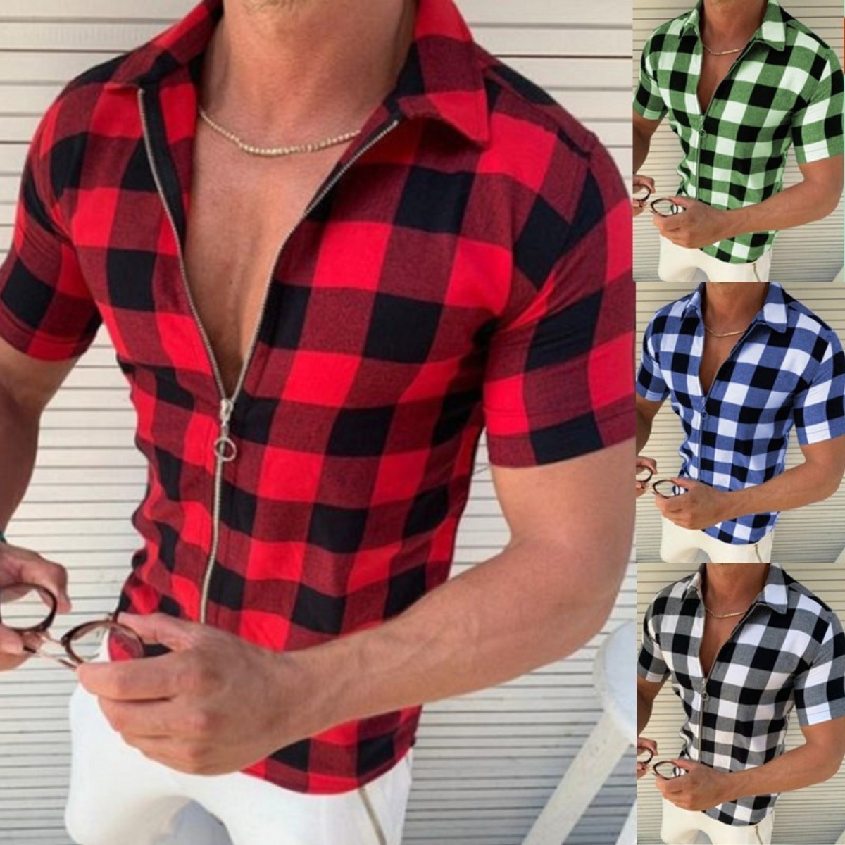 Plaid T Shirt Mens Zipper Short Sleeve