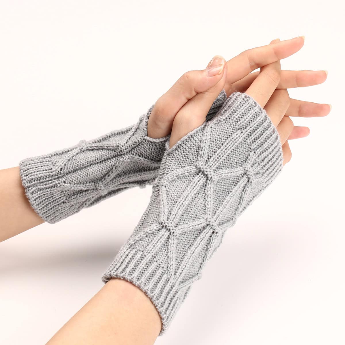 Rhombus Fashion Oversleeve Knitted Wool Keep Warm Half Finger Gloves