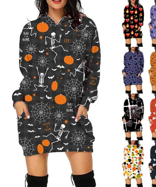 Halloween Print Long Hoodie With Pockets