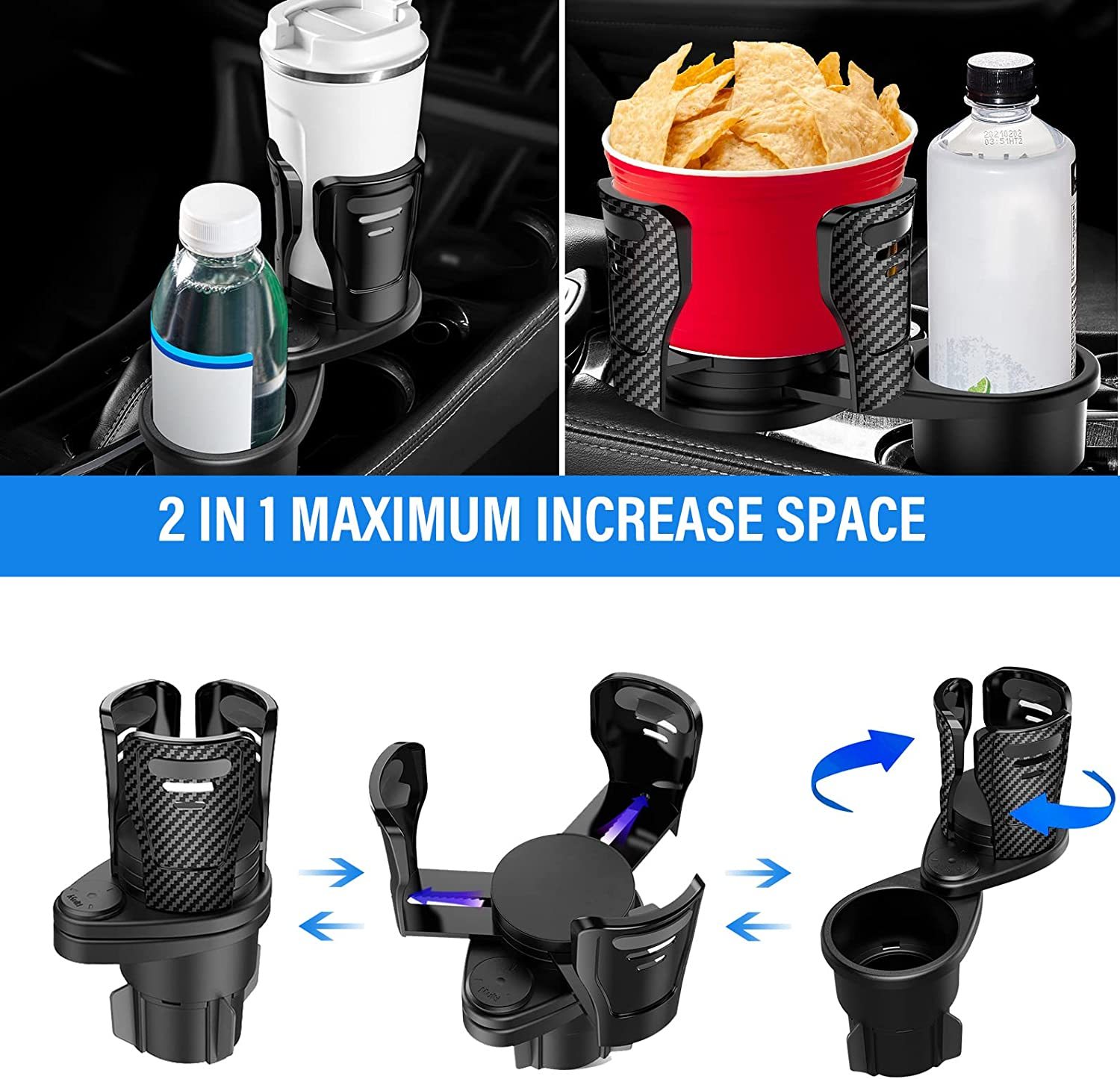 Car Cup Holder 360° Rotatable with Organizer Storage