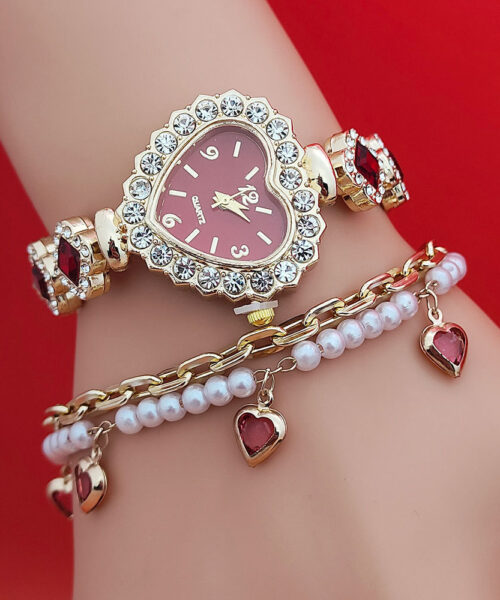 Diamond Heart Bracelet Watch Set
