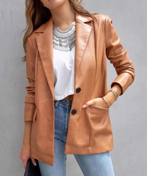 Long Sleeve Button Pu Cardigan Coat For Women