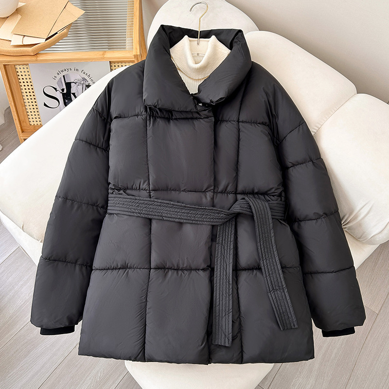 Winter Plaid Sewing Lapel Coat With Lace-up Design Fashion Loose