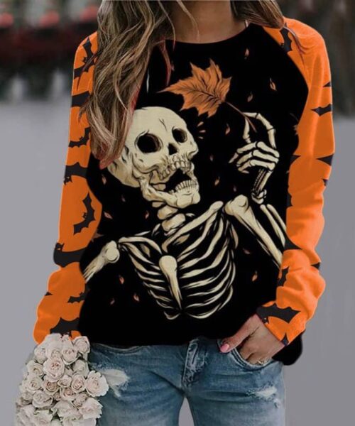 Halloween Cartoon Print Sweatshirt Long Sleeve Pullover Tops Women