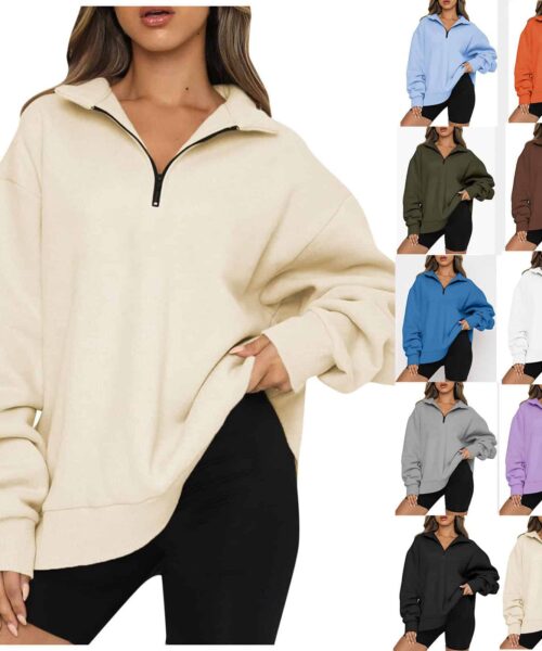 Women Sweatshirts Zip Turndown Collar Loose Casual Tops Clothes
