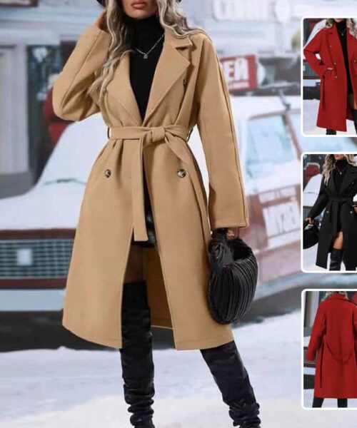 Lapel Double-breasted Trench Coat With Belt Winter Fashion Solid Color Long Jacket Outwear Women Clothing
