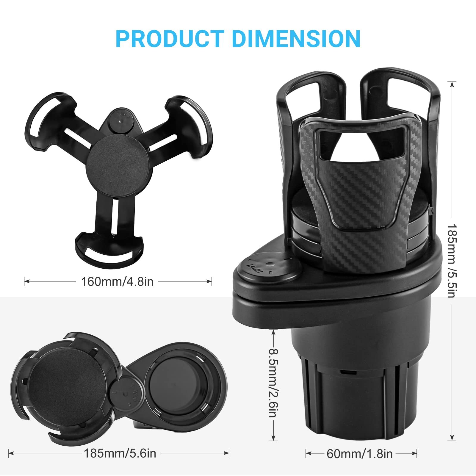 Car Cup Holder 360° Rotatable with Organizer Storage
